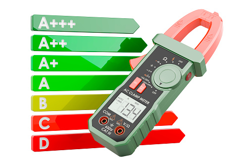 Digital multimeter with energy efficiency chart. 3D rendering isolated on white background