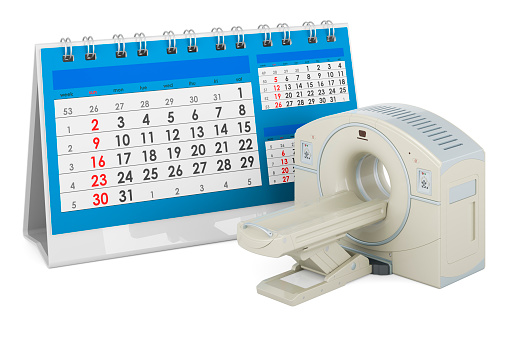 MRI or PET scanner with desk calendar, 3D rendering