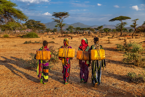 Young African women from Borana tribe carrying water to the village, African women and children often walk long distances to bring back jugs of water that they carry on their back. The Borana Oromo are a pastoralist tribe living in southern Ethiopia and northern Kenya.
