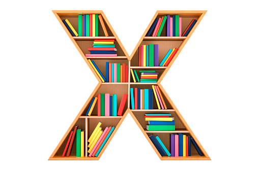 Letter X, alphabet in the form of shelves with books, 3D rendering