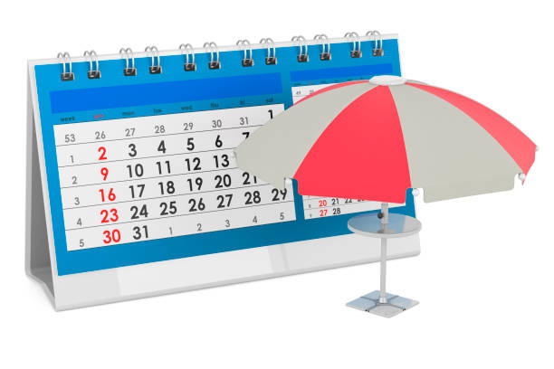 istock Beach umbrella with desk calendar, 3D rendering 1662128176