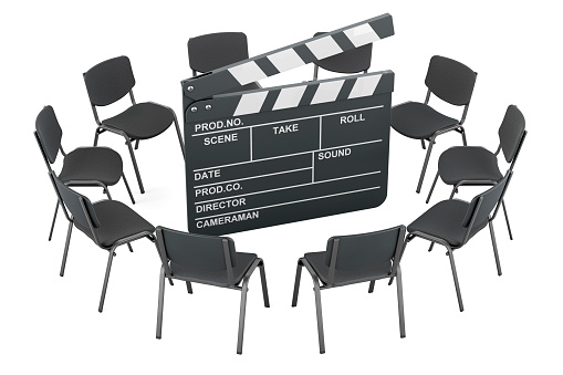 Filmmakers Workshop meeting concept. Chairs in a circle with clapperboard, 3D rendering isolated on white background