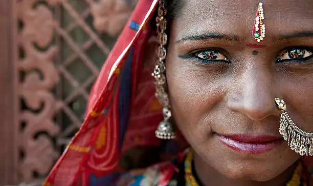 India Rajasthani woman close up portrait with traditional rajasthan dress