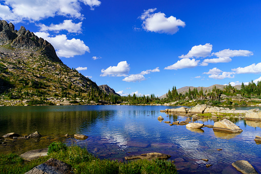Alpine Mountain Lake - Summer view at high-altitude lake surrounded by high peaks.