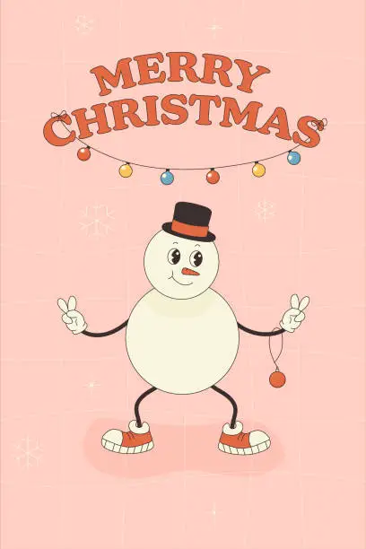 Vector illustration of Groovy greeting card character happy new year, merry Christmas