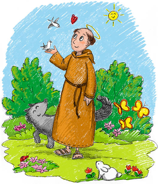 Saint Francis of Assisi in a wood with wild animals Saint Francis of Assisi with animals: wolf, rabbit, birds and cute insects. Illustration for kids. religiosity stock illustrations