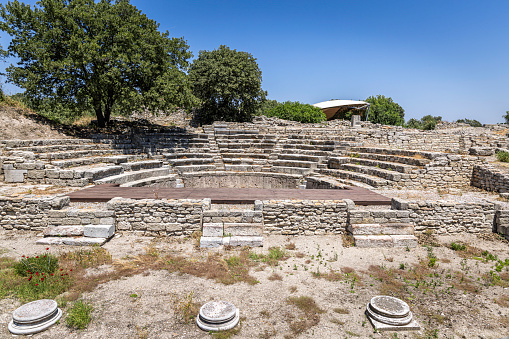 Ruins of Odeon and Bouleuterion in ancient Troy city, dating back to 3000 BC, Hisarlik, Canakkale Province, Turkey.