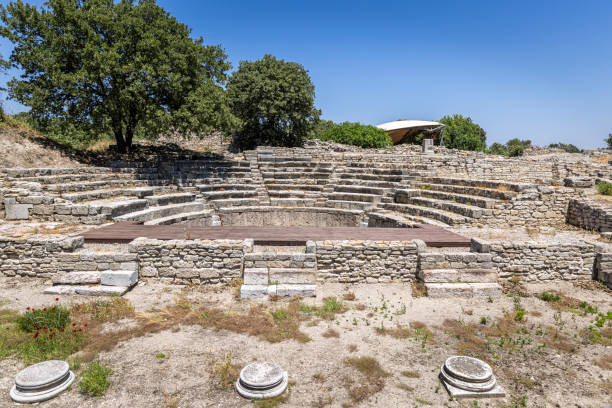 ruins of odeon and bouleuterion in ancient troy city, dating back to 3000 bc, hisarlik, canakkale province, turkey. - çanakkale city imagens e fotografias de stock