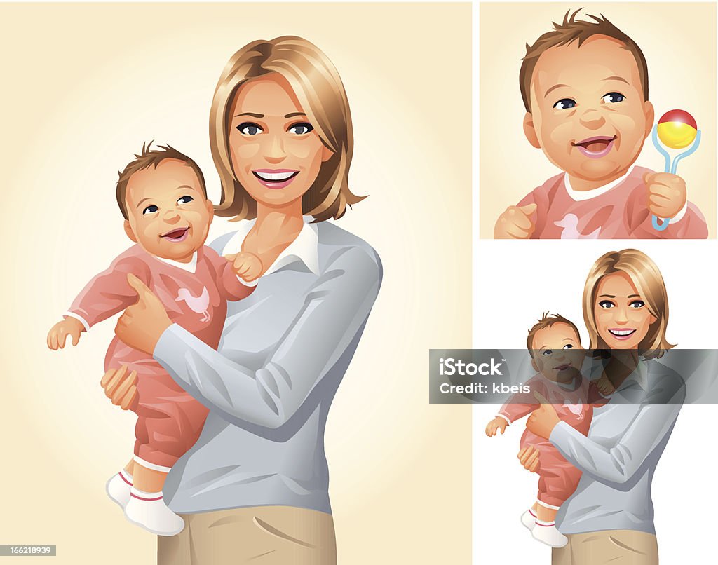 Mother and Baby A young mother holding her baby, on a bright colored background and isolated on white.  Plus a portrait of a baby playing with a rattle. EPS 8, fully editable and labeled in layers. Baby - Human Age stock vector