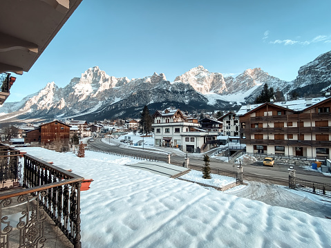 Scenic view of San Vito di Cadore in the Dolomites, Italy against Cima Belpra, Croda Marcora and blue sky in winter