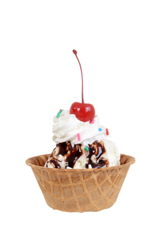 Isolated chocolate sundae with cherry on white background