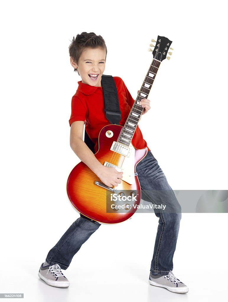 Weißer junge singt und spielt auf der elektrischen Gitarre - Lizenzfrei Kind Stock-Foto