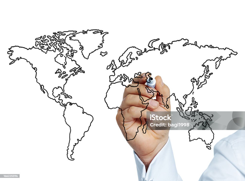 Global Business Businessman drawing world on screen World Map Stock Photo