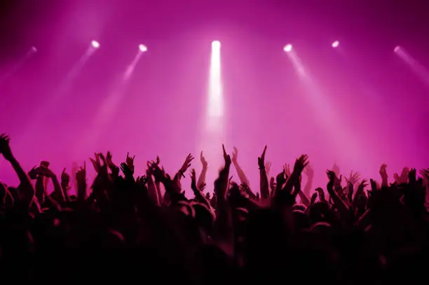 silhouettes of people on a rock concert raising hands