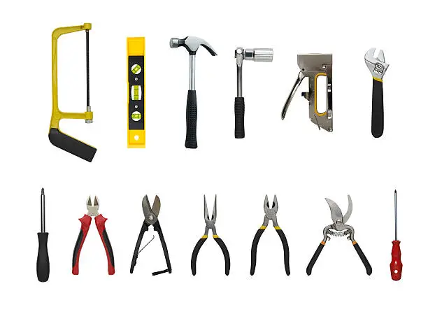 A Set of a lot of different tools and working materials , Isolated over white background