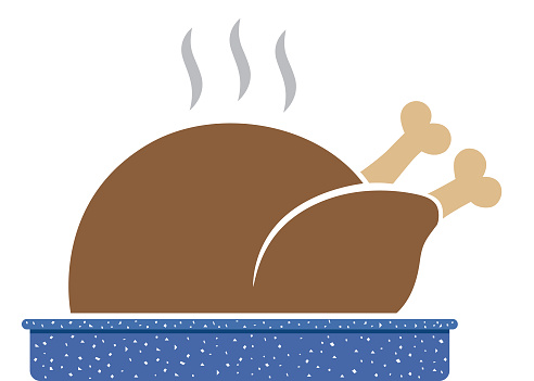 Vector illustration of a  cooked turkey on a blue baking pan background.