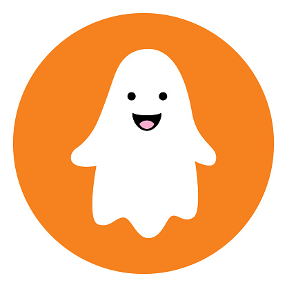 Vector illustration of a cute little ghost on a round orange background.
