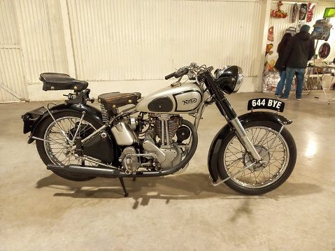 Avellaneda, Argentina - Aug 20, 2023: Shot of an old 1949 Norton ES2 motorcycle . Expo Rockabilly classic car show.