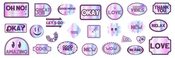 Vector illustration of Sticker Y2k Hologram label set with text. Cool Rainbow gradient Y2k stickers pack. Holographic gradient retro stamp with quote. Vector illustration