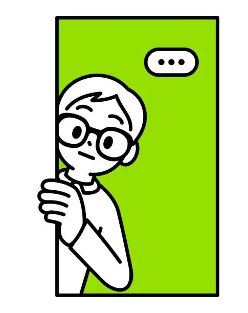 Vector illustration of A shy and introverted boy with Horn-rimmed glasses, looking out of a window at the viewer, popping out from a blank banner, behind a wall, minimalist style, black and white outline
