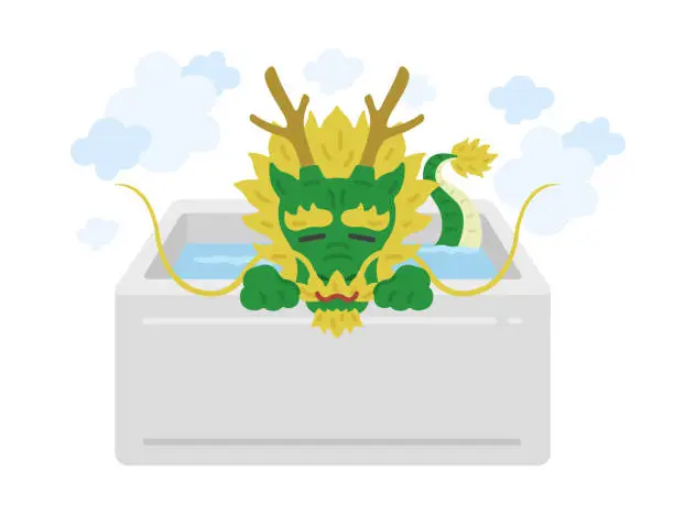 Vector illustration of An illustration of a dragon character taking a bath and relaxing.
