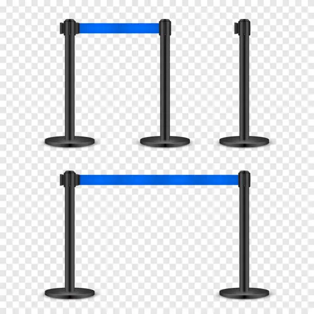 Vector illustration of Realistic blue retractable belt stanchion. Crowd control barrier posts with caution strap. Queue lines. Restriction border and danger tape. Attention, warning sign. Vector illustration