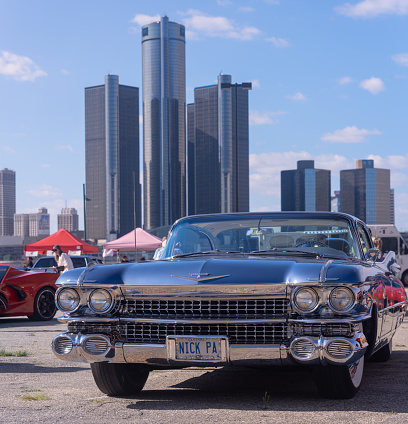 Windsor, Ontario, Canada - August 18, 2023:  The Ouellette Car Cruise is an annual event in the city.  Classic, exotic and muscle cars congregate downtown and then cruise along the main city corridors.