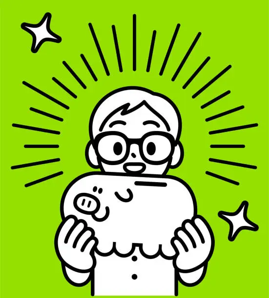 Vector illustration of A studious boy with Horn-rimmed glasses shows a piggy bank, looking at the viewer, minimalist style, black and white outline, Financial Literacy, Investing in Knowledge, and Smart Money