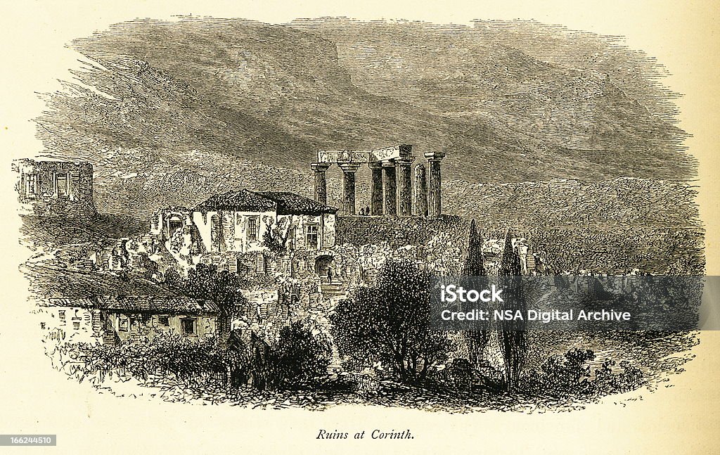 Ruines de Corinthe, Grèce (gravure en bois antique) - Illustration de Antique libre de droits