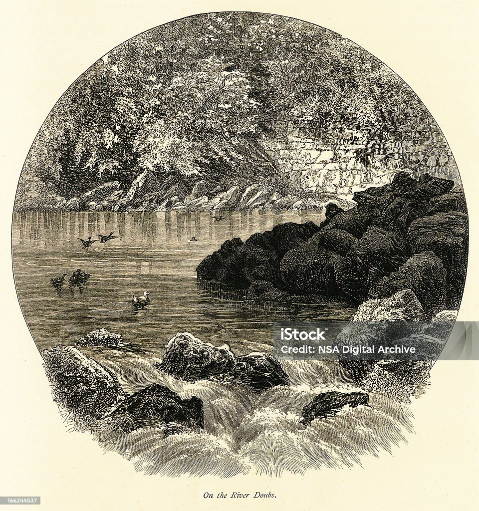 На реки ду, Горы Юра (состаренное дерево гравировка) - Стоковые иллюстрации Антиквариат роялти-фри