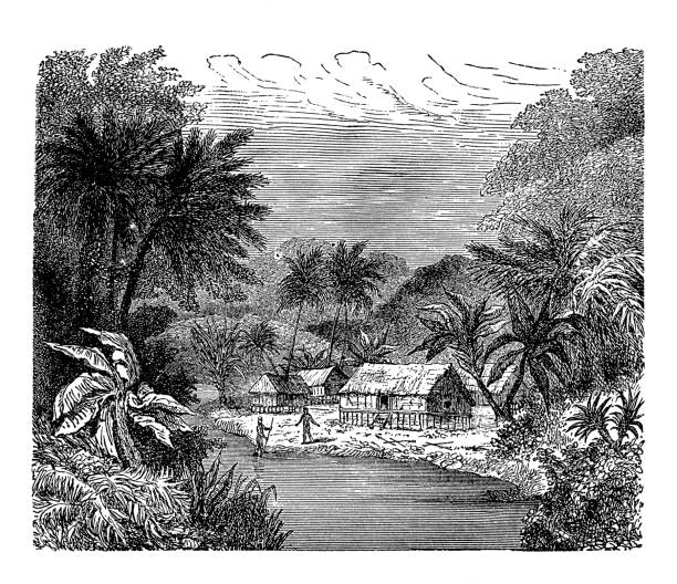 View of a village in New Guinea. Published in Systematischer Bilder-Atlas zum Conversations-Lexikon, Ikonographische Encyklopaedie der Wissenschaften und Kuenste (Brockhaus, Leipzig) in 1875.
