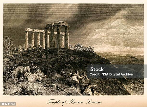 Храм Минерва Мыс Сунион Греция — стоковая векторная графика и другие изображения на тему Греция
