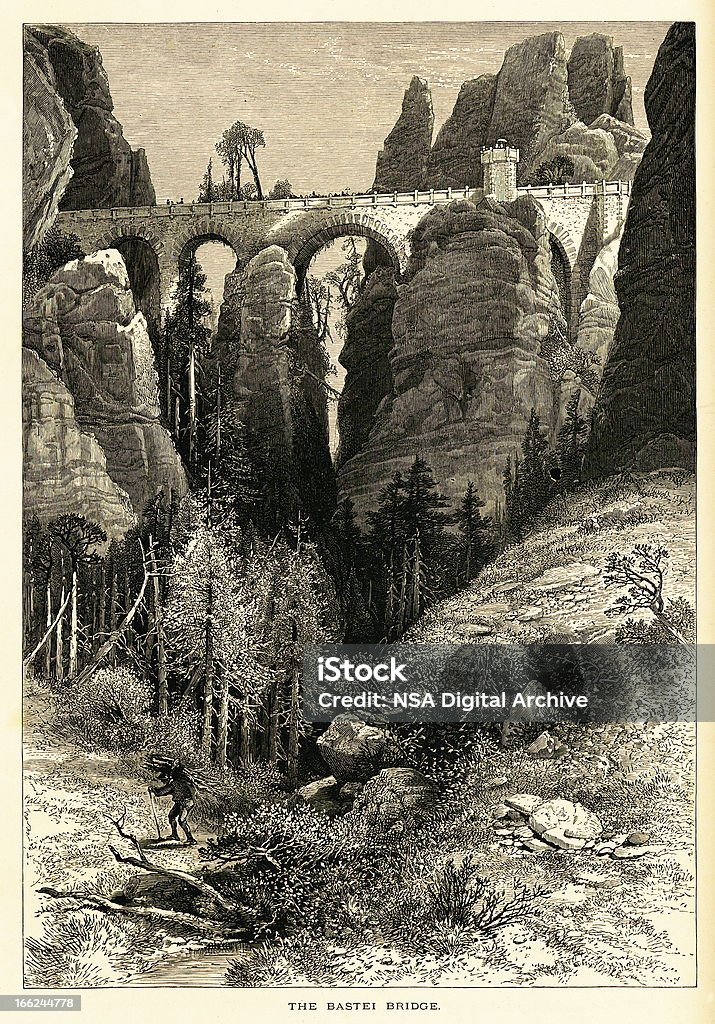 Bastei el puente de madera antiguos, Alemania (grabado) - Ilustración de stock de Bastei libre de derechos