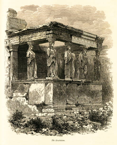 ilustrações, clipart, desenhos animados e ícones de erecteion, atenas, grécia (aviso madeira antiga) - the erechtheum