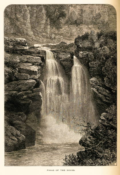istock Falls of the Doubs River, Jura Mountains (antique wood engraving) 166244850