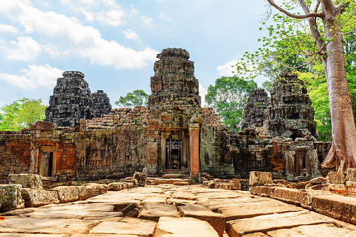 Mysterious ruins of Ta Prohm temple in ancient Angkor, Siem Reap, Cambodia. Angkor is a popular tourist attraction.