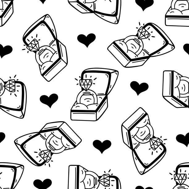 ilustrações de stock, clip art, desenhos animados e ícones de diamond engagement ring inside a gift box seamless vector pattern. a jewelry piece with a brilliant gemstone, cute hearts. present for a date, wedding, holiday, romance. black and white background - gift box packaging drawing illustration and painting