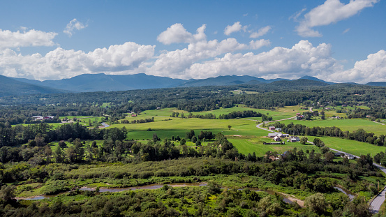 Drone shot of Mount Mansfield and Stowe during beautiful summer day, Vermont, United States. Photo taken in August 2023.