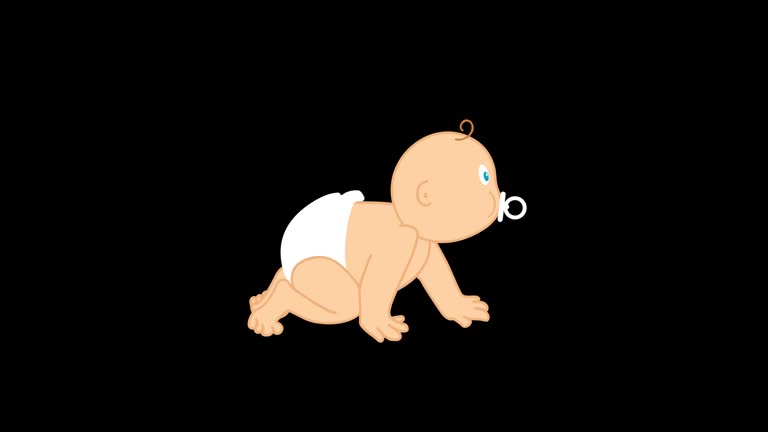 Crawling baby with happily with a pacifier, soother transparent background. Stock video