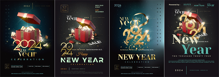Happy New Year 2024 Cover Design Poster. With the illustration of 3D clocks realistic fantasy style with strong colors. Premium vector design for celebrations and invitations.