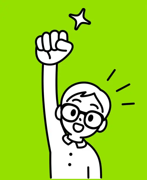 Vector illustration of A studious boy with Horn-rimmed glasses raises his right fist, looking at the viewer, minimalist style, black and white outline