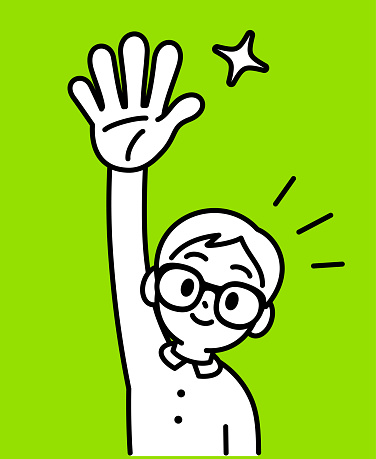Minimalist Style Characters Designs Vector Art Illustration.
A studious boy with Horn-rimmed glasses raises his right hand, being a volunteer or asking a question, looking at the viewer, minimalist style, black and white outline.