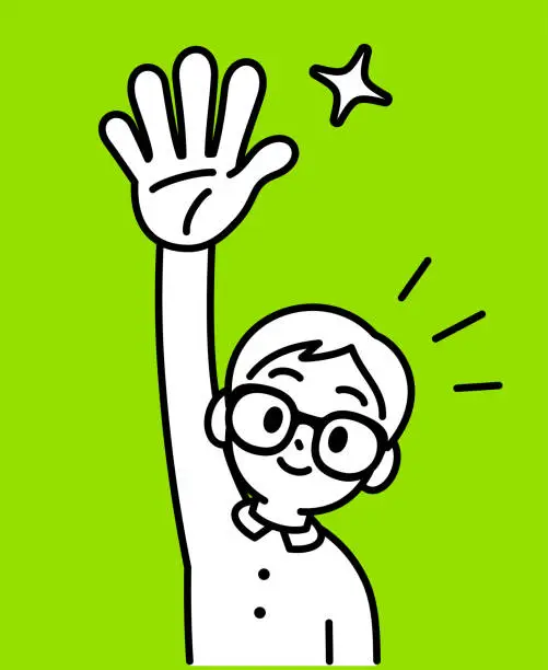 Vector illustration of A studious boy with Horn-rimmed glasses raises his right hand, being a volunteer or asking a question, looking at the viewer, minimalist style, black and white outline