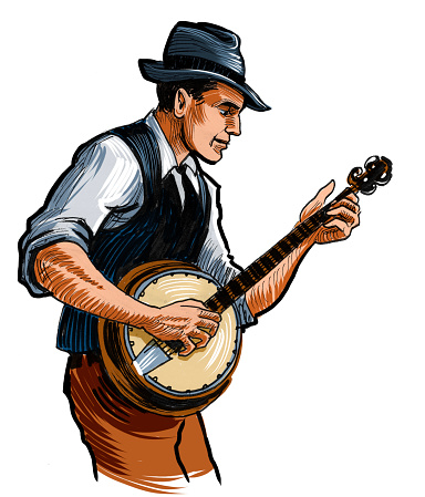 Country musician playing banjo. Hand-drawn retro styled ink on paper and hand-colored on tablet