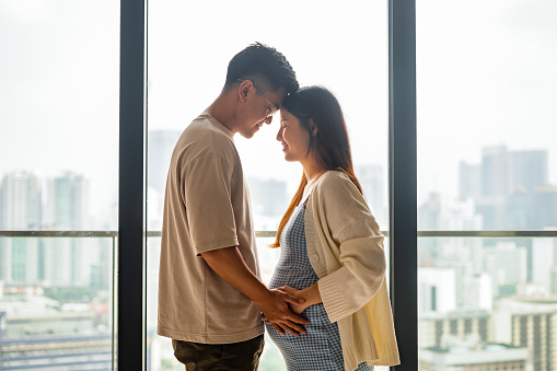Proud husband, hugging his pregnant wife, against the window of apartment, with cityscape as background