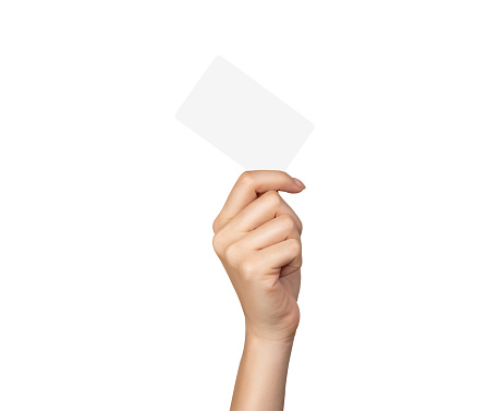 Clipping path, woman hand holding white card on isolated white background.