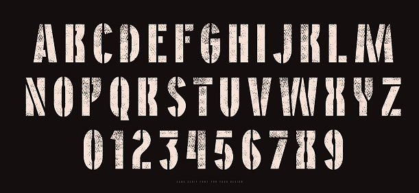 Stencil-plate sans serif font in military style. Letters and numbers with retro texture for emblem design. Vector illustration