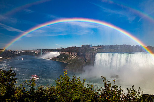 Niagara Falls rainbow like a bridge across the Niagara River. Niagara Falls, Ontario, Canada