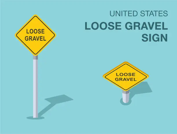 Vector illustration of Traffic regulation rules. Isolated United States loose gravel sign. Front and top view. Vector illustration template.