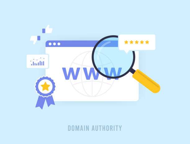 istock Domain Authority in SEO concept. Authority, Relevance and Trustworthiness in Aged Web Domains with Quality Backlinks. Vector illustration isolated on blue background with icons 1662649636
